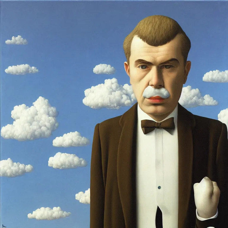 Image similar to portrait of a man made out of clouds in a suit, by rene magritte, detailed painting, hd, hq, high resolution, high detail, 4 k, 8 k