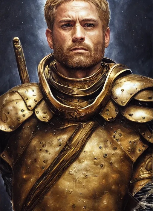 Prompt: highly detailed oil painting, masterpiece portrait warrior male lannister, fantasy character portrait, dynamic pose, above view, top lighting, realistic shaded, perfect face