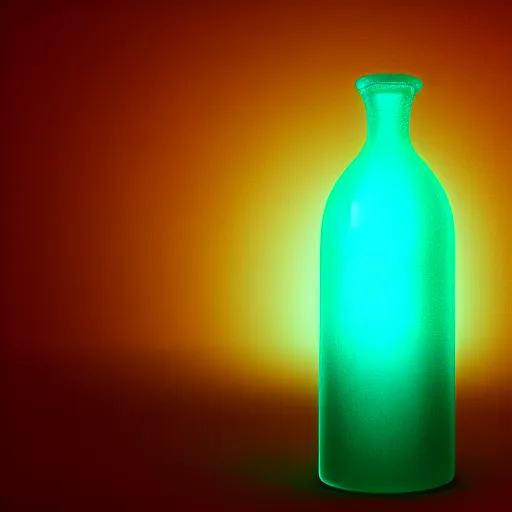 Prompt: bottle of love and dreams, hyper realistic, rendered in octane, glowing, dark background