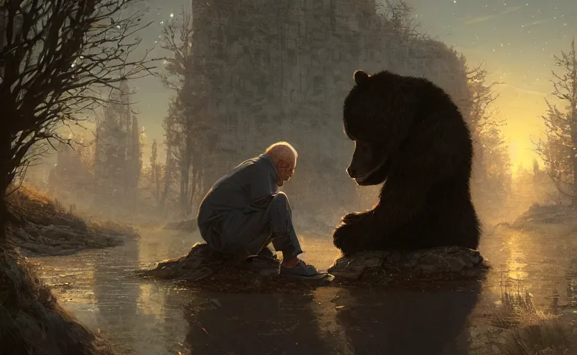 Image similar to highly detailed portrait of joe biden as a homeless, talking to his bear reflection, stephen bliss, unreal engine, fantasy art by greg rutkowski, loish, rhads, ferdinand knab, makoto shinkai and lois van baarle, ilya kuvshinov, rossdraws, tom bagshaw, global illumination, radiant light, detailed and intricate environment