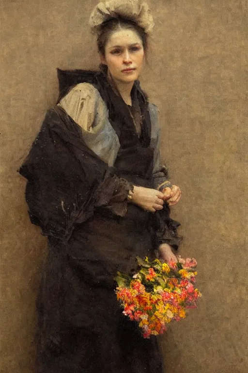 Prompt: Richard Schmid and Jeremy Lipking and Antonio Rotta full length portrait painting of a young beautiful traditonal dutch woman holding flowers