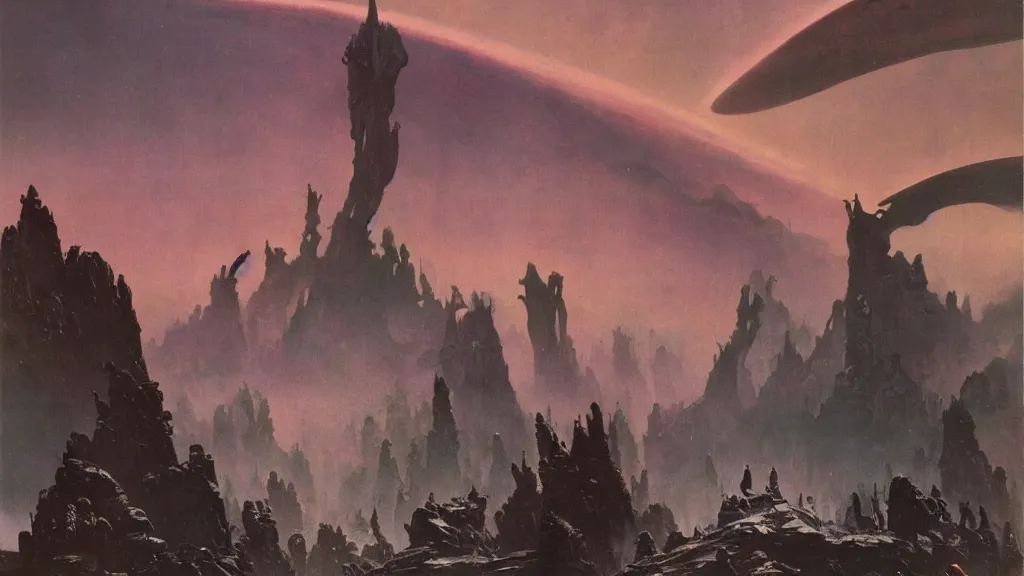 Image similar to surreal eerie alien planet empire by frank frazetta and bruce pennington, cinematic matte painting