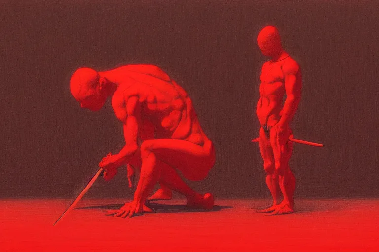 Image similar to only with red, a red samurai do seppuku, tokio, a lot of frogs watch, in the style of beksinski, parts by edward hopper, parts by rodcenko, parts by yue minjun, intricate and epic composition, red by caravaggio, insanely quality, highly detailed, masterpiece, red light, artstation, 4 k