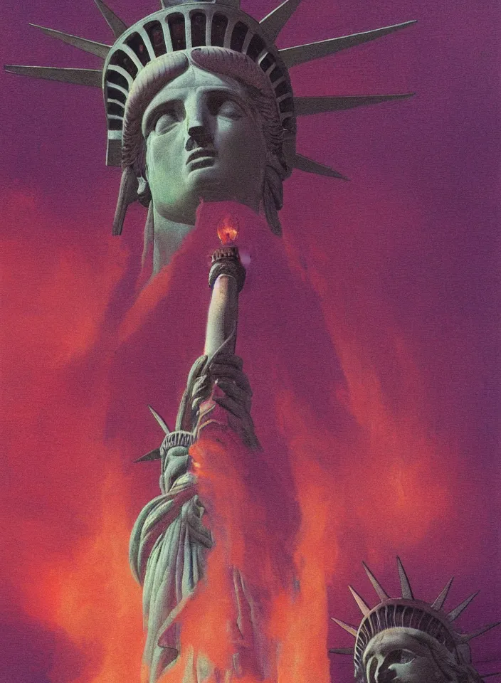 Prompt: beautiful closeup portrait of the statue of liberty in a burning blindfold, red and purple palette, volume light, fog, by ( h. r. giger ) and paul lehr