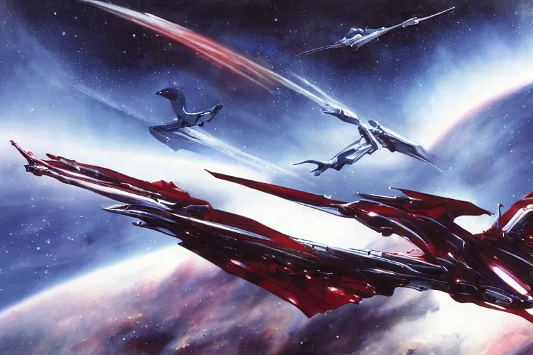 Image similar to gnostic space nebula by John Harris, framing a pteranodon mecha interceptor, small against the backdrop of space, white john berkey armor panels, wine-red and grey trim, robotech styling, with white Kanji markings outlined in black, boeing concept art painting, cinematic lighting, amazing lifelike cinematic photo render,