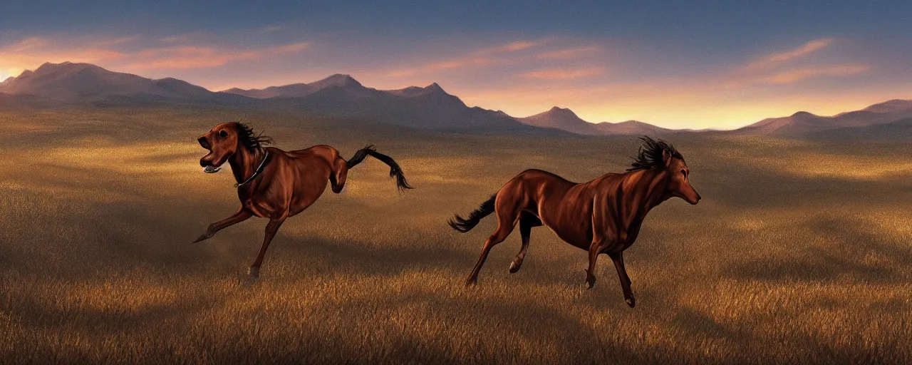 Prompt: a brown horse and a plott hound running together over a dry hilly sagebrush landscape with mountains in the distance, golden hour lighting, digital art trending on artstation