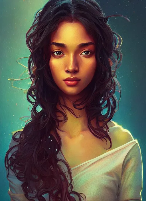 Image similar to handsome young black women with shoulder length brown hair, half body shot, path traced, highly detailed, high quality, digital painting, alena aenami, lilia alvarado, shinji aramaki, karol bak, alphonse mucha, tom bagshaw