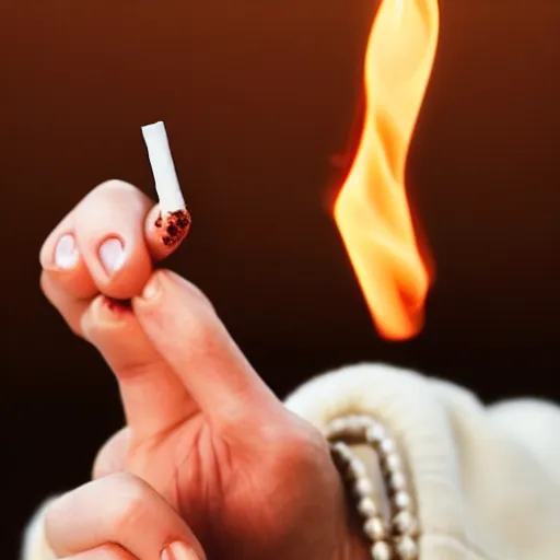 Image similar to very accurate photo, very coherent image, hyper realistic photo of a female hand, open palm, holding an cigarette between index and middle finger