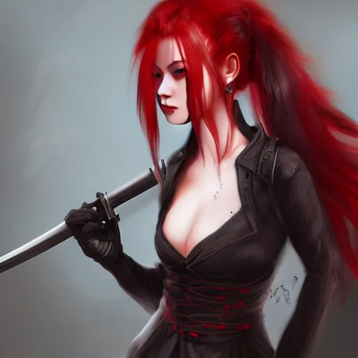 Prompt: a girl with red hair holding a katana, gothic clothes, ponytail, action shot, highly detailed, digital painting, artstation, concept art, smooth, sharp focus, illustration