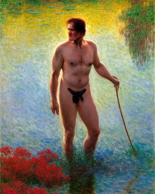 Image similar to quentin tarantino wading through a river, reflective water, painting by tom of finland, gaston bussiere, craig mullins, j. c. leyendecker, claude monet