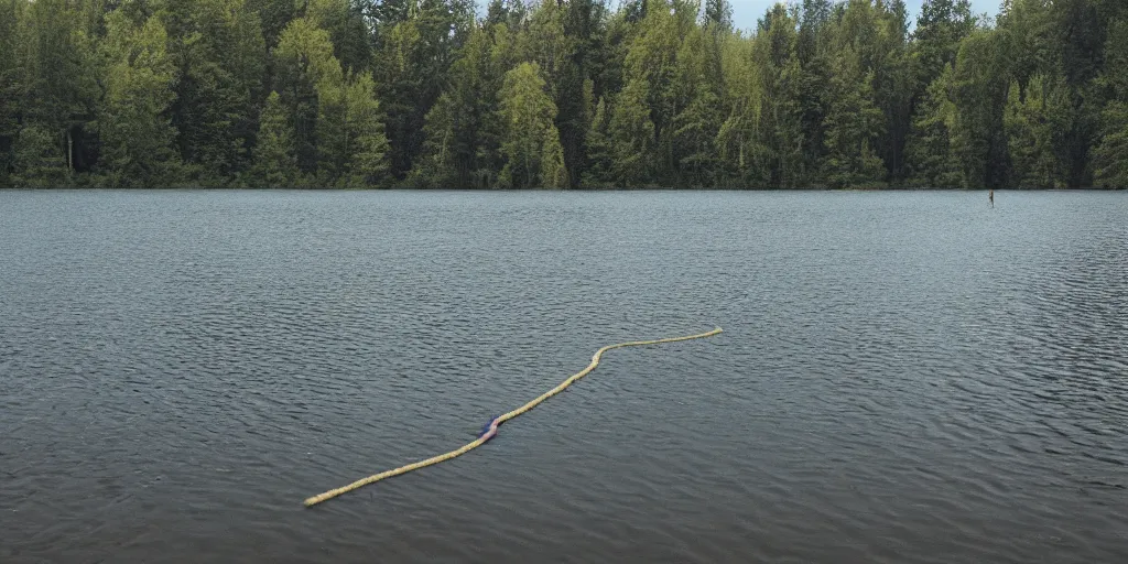 Prompt: centered photograph of a long rope zig zagging across the surface of the water, floating submerged rope stretching out towards the center of the lake, a dark lake on a cloudy day, color film, trees in the background, hyperedetailed photo, anamorphic lens, 2 0 0 1