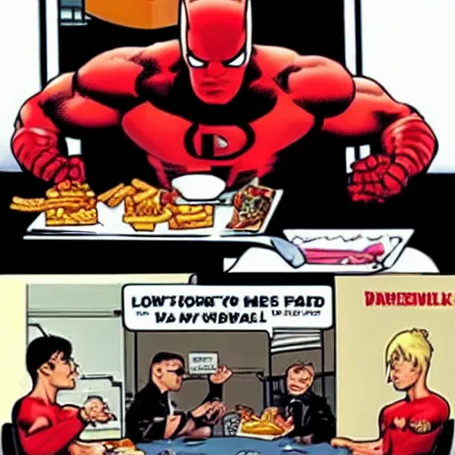 Image similar to daredevil eating in mcdonalds, marvel