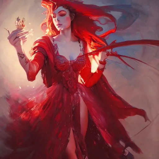 Image similar to a beautiful artwork of a scarlet sorceress performing magic, by raymond swanland and jesper ejsing, featured on art station, lighting study, concept art, beautiful composition, rim light