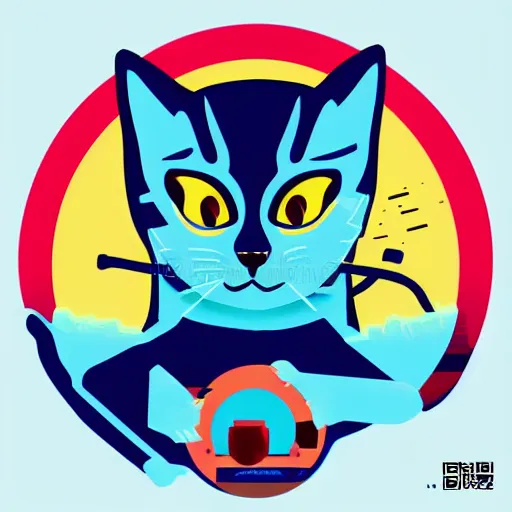 Image similar to a simplified vector based illustration about a hacker kitten, style of Akira motion movie, space colors, smooth and clean vector curves, no jagged lines, vinyl cut ready