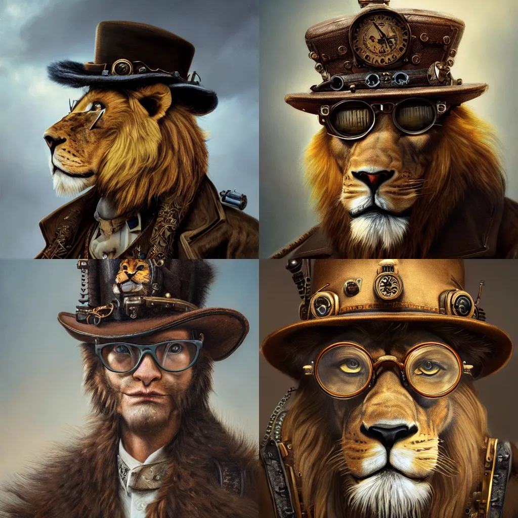 Prompt: oil painting portrait of handsome lion face, wearing very detailed intricate steampunk hat and detective coat, wearing vintage glasses on his eyes, upper body, wide angle, fantasy style, octane render, volumetric lighting, 8k high definition, by greg rutkowski, highly detailed, trending on art station,