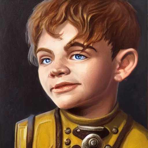 Prompt: classic oil portrait of a small male halfling with blonde hairs and brown eyes, from warhammer fantasy