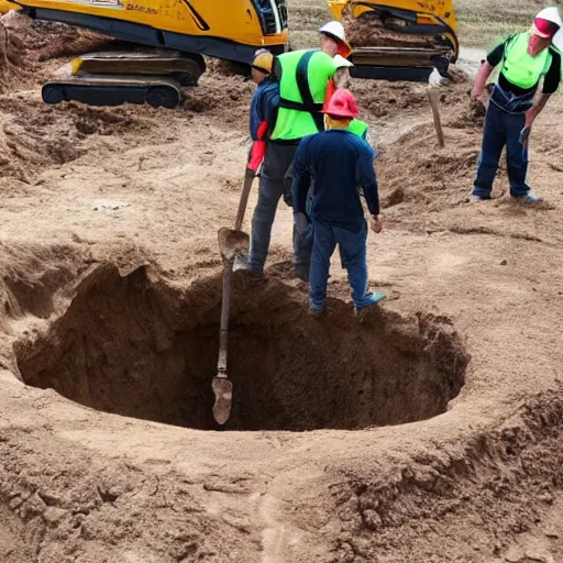 Prompt: team of excavators discovering a giant human skull in the ground