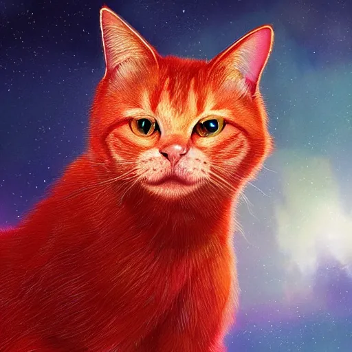 Image similar to portrait of a beautiful red cat celestial background, fantasy, highly detailed, cinematic lighting, digital art painting by artgem and greg rutkowsk, trending on artstation, very very beautiful, very attractive
