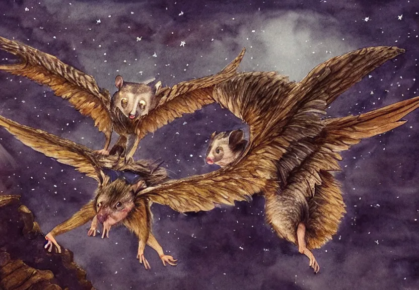 Image similar to legendary winged possum flying over a medieval castle under a dark starred sky, dark fantasy, watercolor, dreaming illusion, highly detailed, 4k, trending on Artstation, award-winning