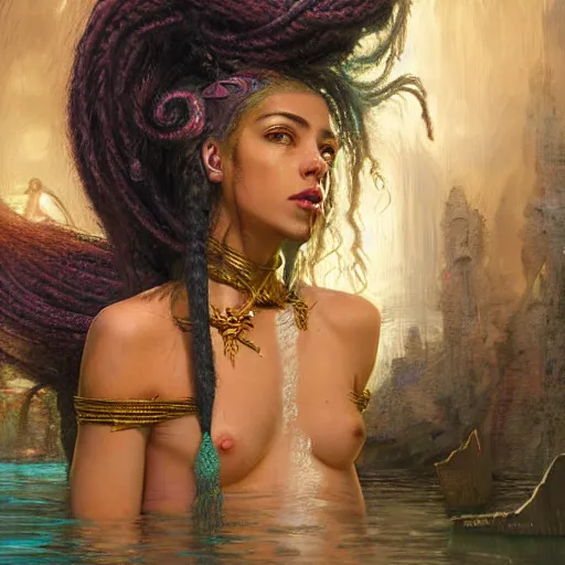 Image similar to birth of mami wata, sumerian goddess inanna ishtar, ashteroth, techno mystic goddess princess intergalactica, with aqua neon rapunzel dreadlocks, mami wata, detailed, by gaston bussiere, bayard wu, greg rutkowski, giger, maxim verehin, greg rutkowski, masterpiece, sharp focus,