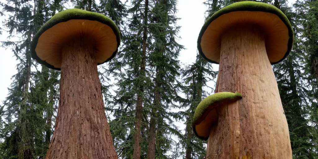 Prompt: tall house tower made of an enormous mushroom, washington state, traditional architecture