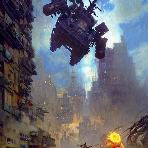 Prompt: six meters tall mech fighting in an urban environment, epic action scene, by gaston bussiere craig mullins jc leyendecker gustav klimt artgerm greg rutkowski john berkey, bergey, craig mullins, ruan jia, raymond swanland, jeremy mann, tom lovell, alex malveda, shadow ray casting, bump mapping