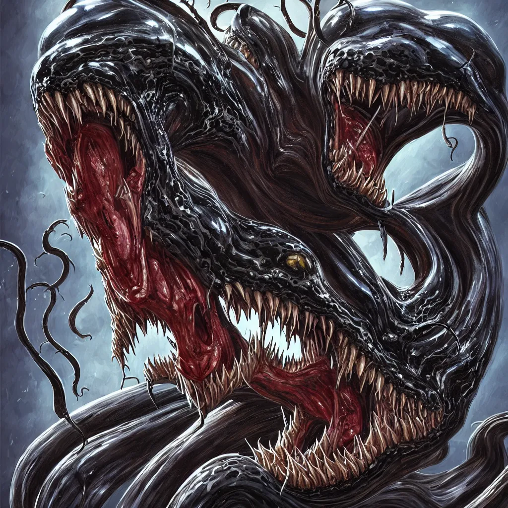 Image similar to venom from marvel comics!!!!, large mouth with teeth, lovecraftian horror!, surrealism, fantasy, intricate, elegant, highly detailed, digital painting, artstation, concept art, matte, sharp focus, illustration, art by keith thompson and christopher lane