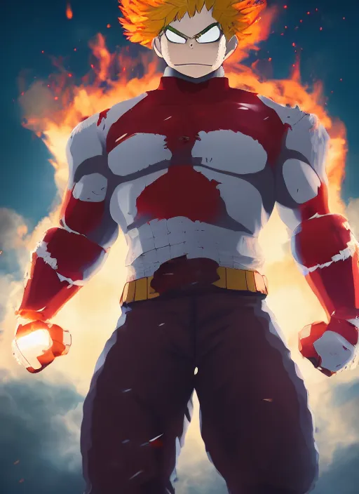 Image similar to Endeavor from my hero academia posing, boku no hero academia, flames, dark atmosphere, cinematic shot, intricate, ornate, photorealistic, ultra detailed, realistic, 100mm, photography, octane, high definition, depth of field, bokeh, 8k, artstation