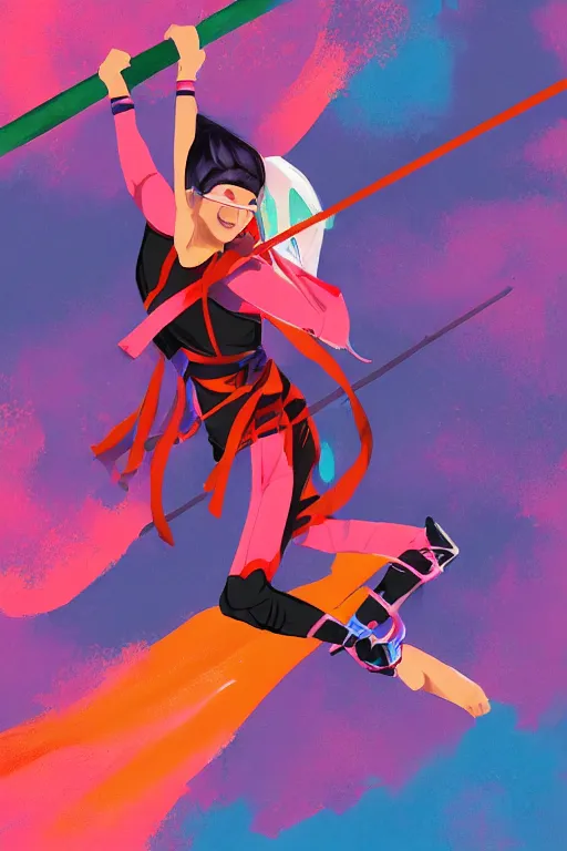 Image similar to female ninja warrior, colorful clothes, wielding short katana, wind in the hair, overcast weather, digital painting, trending on artstation