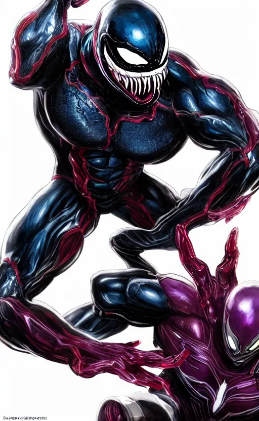 Image similar to venom in a venom inspired ironman suit, purple, black and red, dynamic lighting, photorealistic fantasy concept art, trending on art station, stunning visuals, terrifying, creative, cinematic