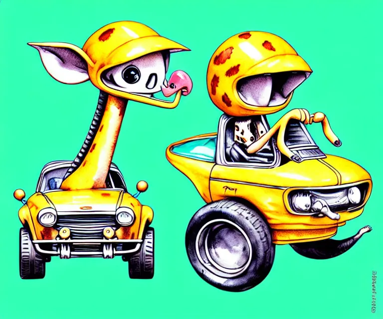 Image similar to cute and funny, baby giraffe wearing a helmet riding in a tiny hot rod with oversized engine, ratfink style by ed roth, centered award winning watercolor pen illustration, isometric illustration by chihiro iwasaki, edited by range murata, tiny details by artgerm and watercolor girl, symmetrically isometrically centered