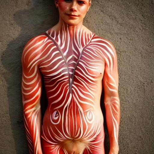 Image similar to salmon body paint human form detailed photography