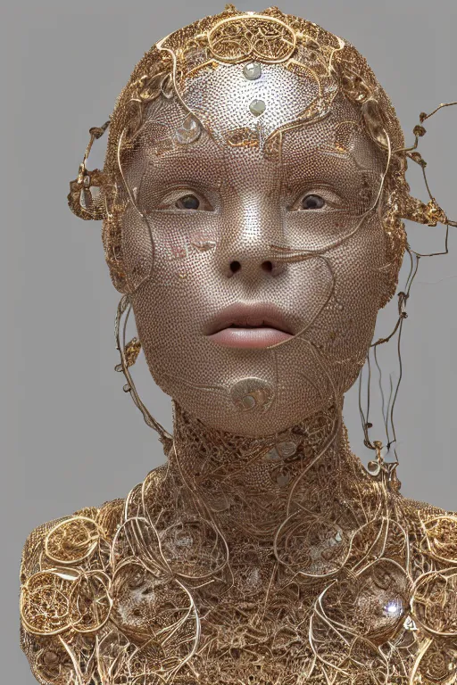 Prompt: a melancholic realistic 8k Sculpture of a complex robotic human face, liquid simulation, dramatic lighting, silver gold red details, hexagonal mesh wire, filigree intricate details, cinematic, fleshy musculature, white blossoms, elegant, octane render, art nouveau, 8k post-processing, intricate artwork by alphonse mucha