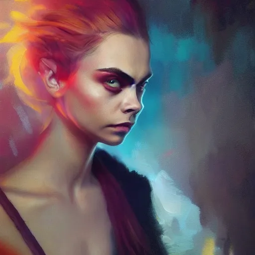 Image similar to cara delevingne, full body portrait colorful oil painting by greg rutkowski, charlie bowater, yuumei, yanjun cheng, unreal 5, daz, hyperrealistic, octane render, rpg portrait, dynamic lighting, fantasy art, beautiful face