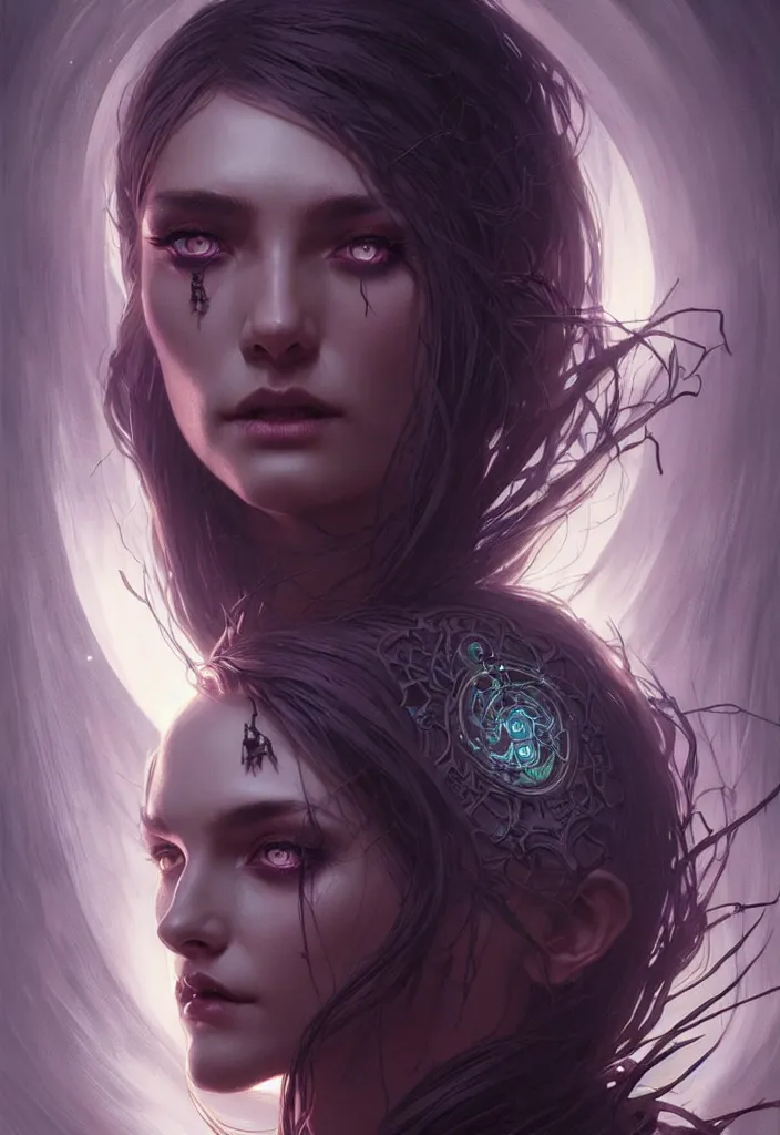 Image similar to Necromancer Sorceress face in center, fantasy magic, undercut hairstyle, dark light night, intricate, elegant, sharp focus, illustration, highly detailed, digital painting, concept art, matte, art by WLOP and Artgerm and Greg Rutkowski and Alphonse Mucha, masterpiece