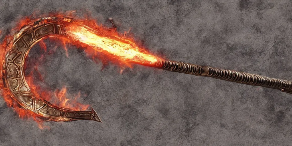 Image similar to a legendary longsword engulfed in spiral of flames, its handle is made out of dragon skin,