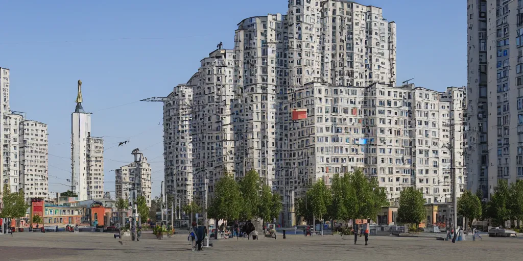 Image similar to photo of a low income highrise geometric Russian city, apartments, train station, avenues. Square with a statue of leader