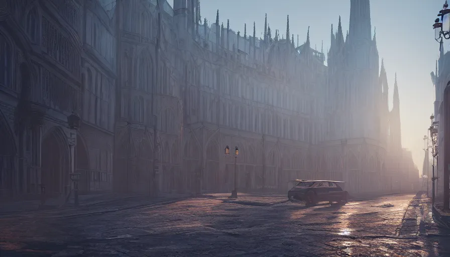 Prompt: empty streets of destroyed neo - gothic london, sunrise, dusty roads, hyperdetailed, artstation, cgsociety, 8 k