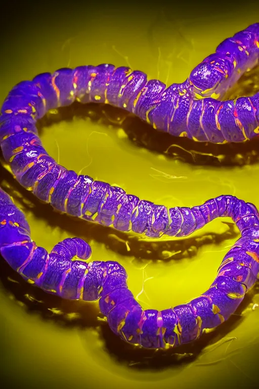 Image similar to high quality close-up photo translucent biomechanic centipede! gorgeous highly detailed hannah yata elson peter cinematic yellow and purple lighting high quality low angle hd 8k sharp shallow depth of field