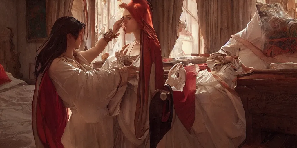 Image similar to photography of a pope making touching a sensual woman in a bedroom, deep focus, intricate, elegant, highly detailed, digital painting, artstation, concept art, matte, sharp focus, illustration, art by artgerm and greg rutkowski and alphonse mucha