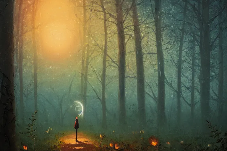 Image similar to giant sunflower head, girl walking in a moonlit forest, hills, surreal photography, dark night, star trails, dramatic light, impressionist painting, clouds, digital painting, artstation, simon stalenhag