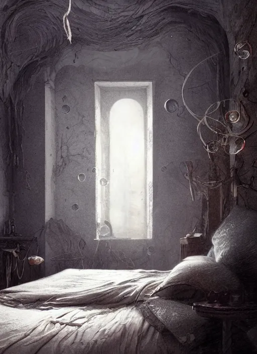 Prompt: a dreary bedroom where the wall behind the bed melts away to reveal fantastical scenes of dreams, dreams invading mundane spaces, fantasy infiltrating reality, bubbles of the impossible, swirls of magic, 8k, ultradetailed, illustrated by Greg Rutkowski and Caspar David Friedrich.