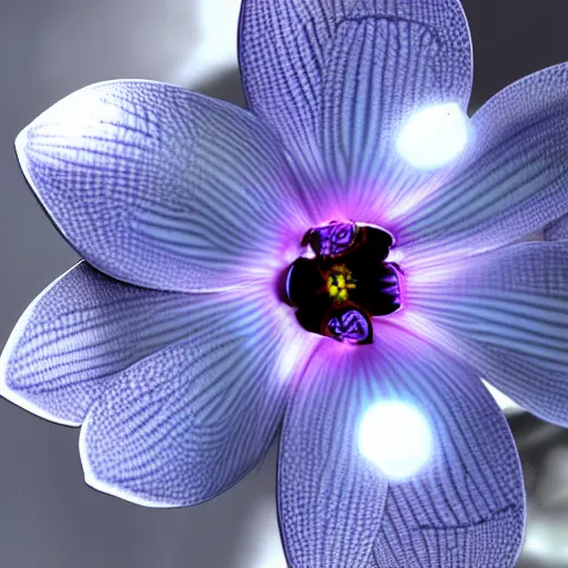 Prompt: an orchid flower, made of metal, cybertronic, reflective, glowing, unreal engine