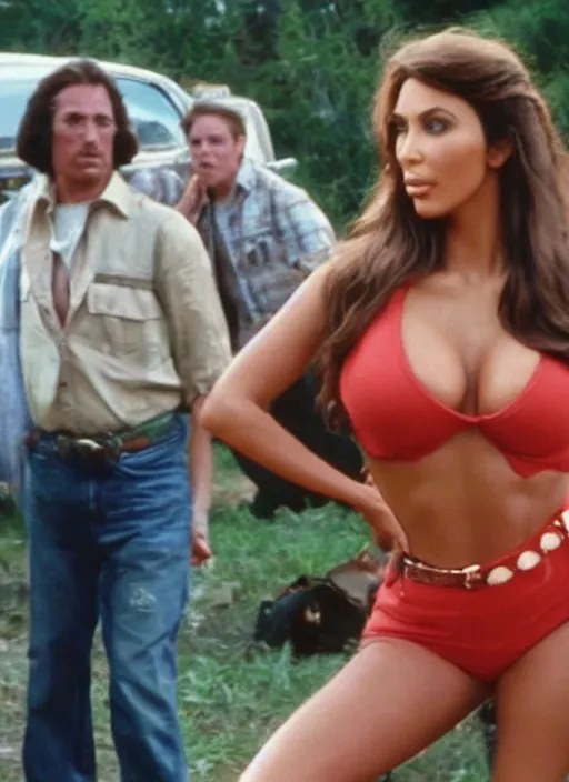 Image similar to movie still of kim kardashian as daisy duke in the movie the dukes of hazzard