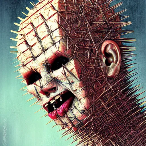 Image similar to portrait of a pinhead hellraiser by Artgerm, H R Giger, not scarry, digital painting, concept art, kawaai, summertime, smiling, warm tones, depth of field, color bleed, dramatic light