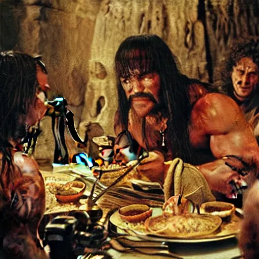 Prompt: conan the barbarian at dinner table