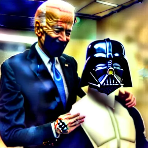 Prompt: “ joe biden getting earth vader helmet put on by machine in pod ”