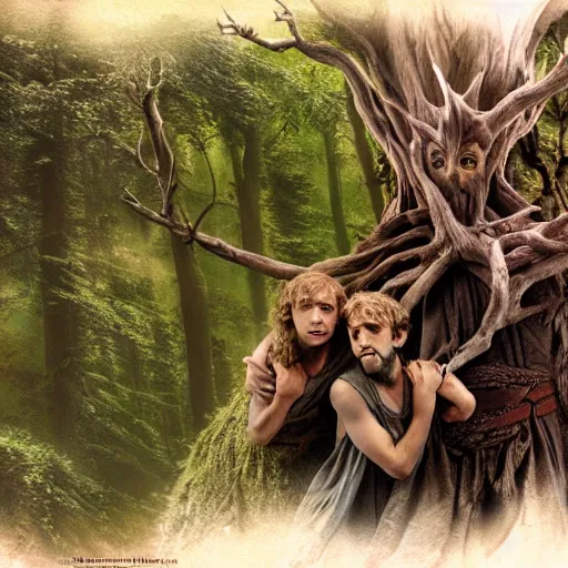 Image similar to matte painting of Treebeard holding Merry and Pippin form the Lord of the Rings