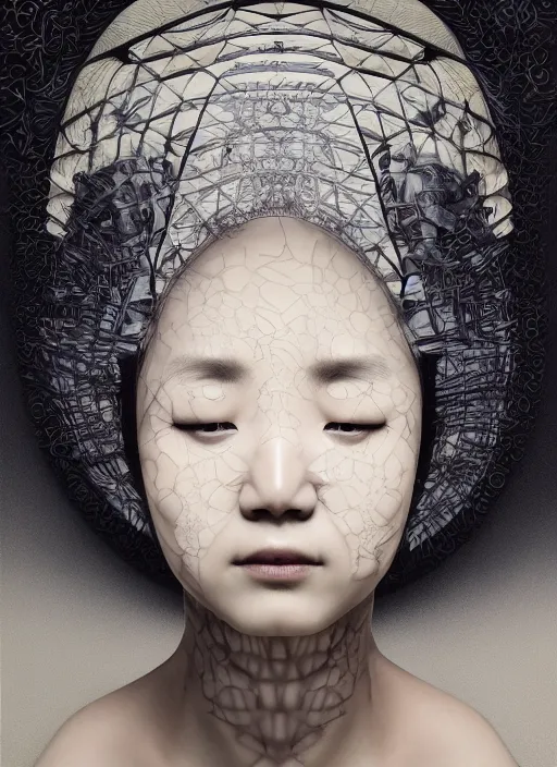 Image similar to portrait of a melancholic geisha, parallax, studio portrait against a black background, modern fine art, fractal, intricate, elegant, highly detailed, digital photography, subsurface scattering, by jheronimus bosch and yue minjun and greg rutkowski,