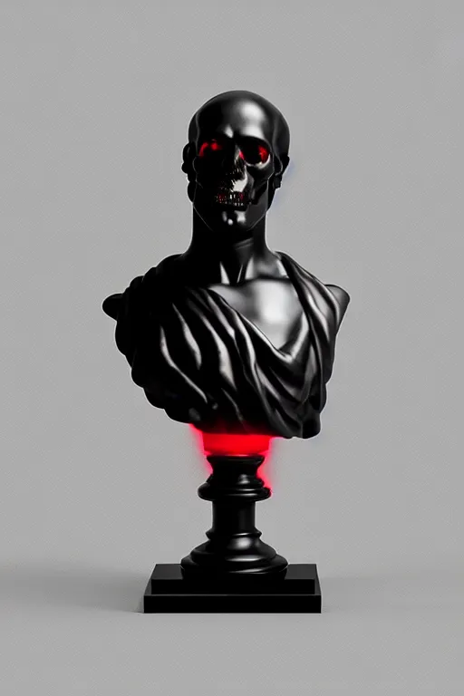 Image similar to polished black marble bust of a man with half skull statue hiding his face under a red velvet veil, sculpted by hedi xandt, epic and cinematic view, volummetric light, texturized, detailed, 8 k